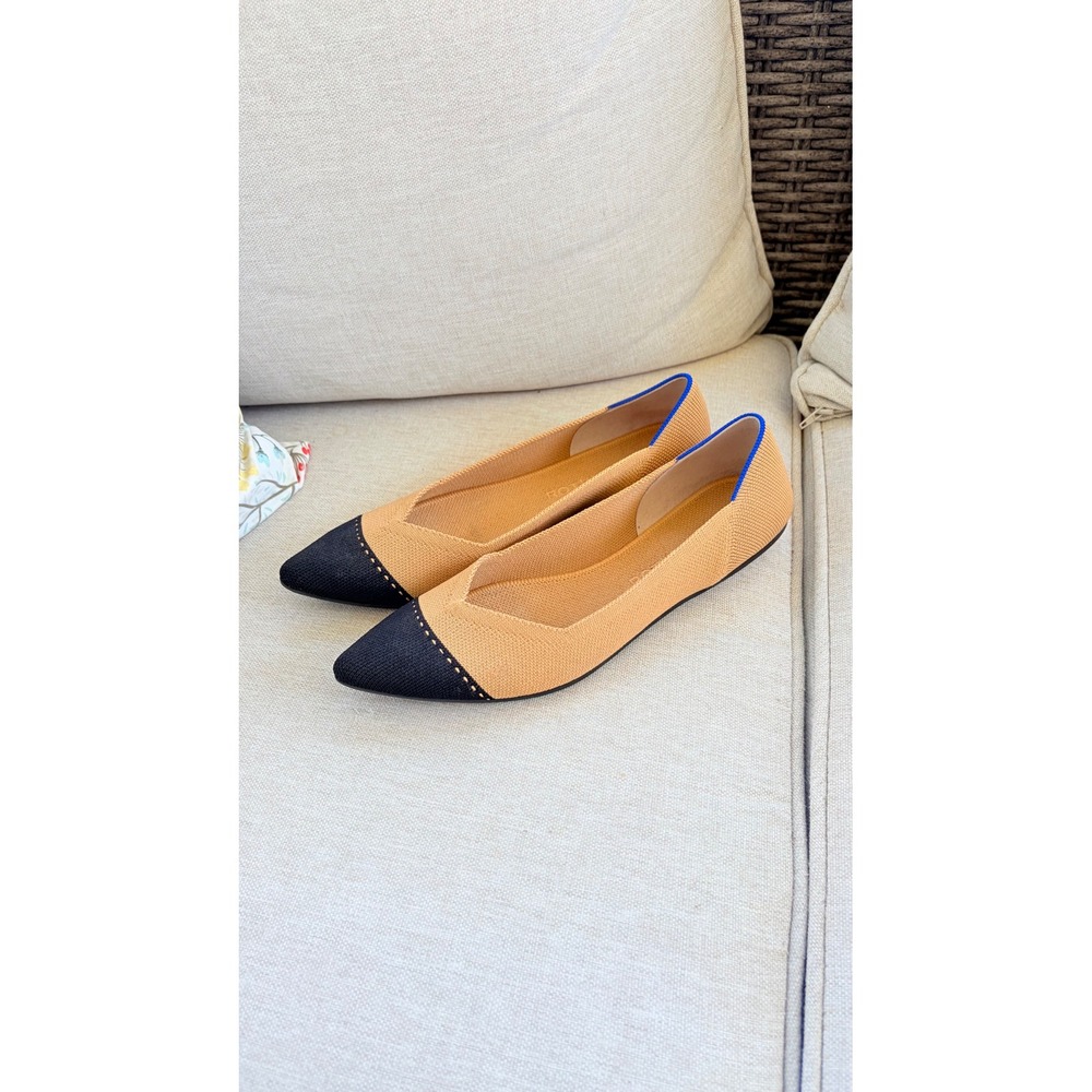 Rothy's The Point Flats Women 10 Tan Black Cap Toe Excellent Knit Washable